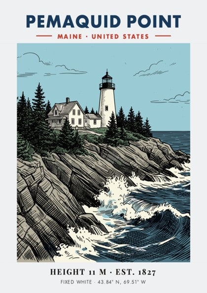 Poster of Pemaquid Point Maine lighthouse atop rocky cliffs with churning blue ocean waves