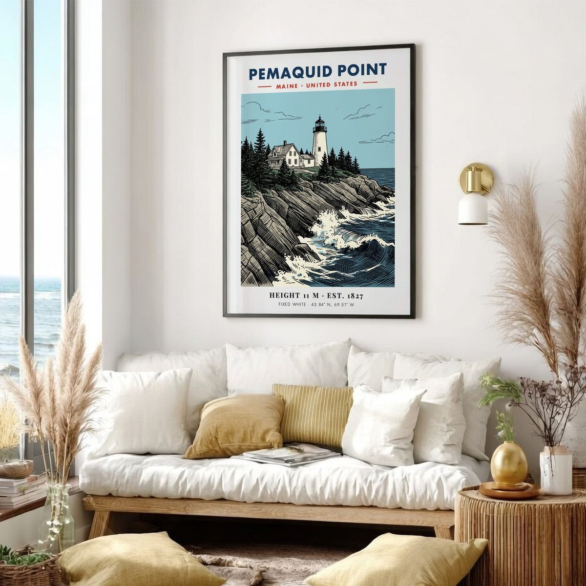 Poster of Pemaquid Point Maine lighthouse atop rocky cliffs with churning blue ocean waves