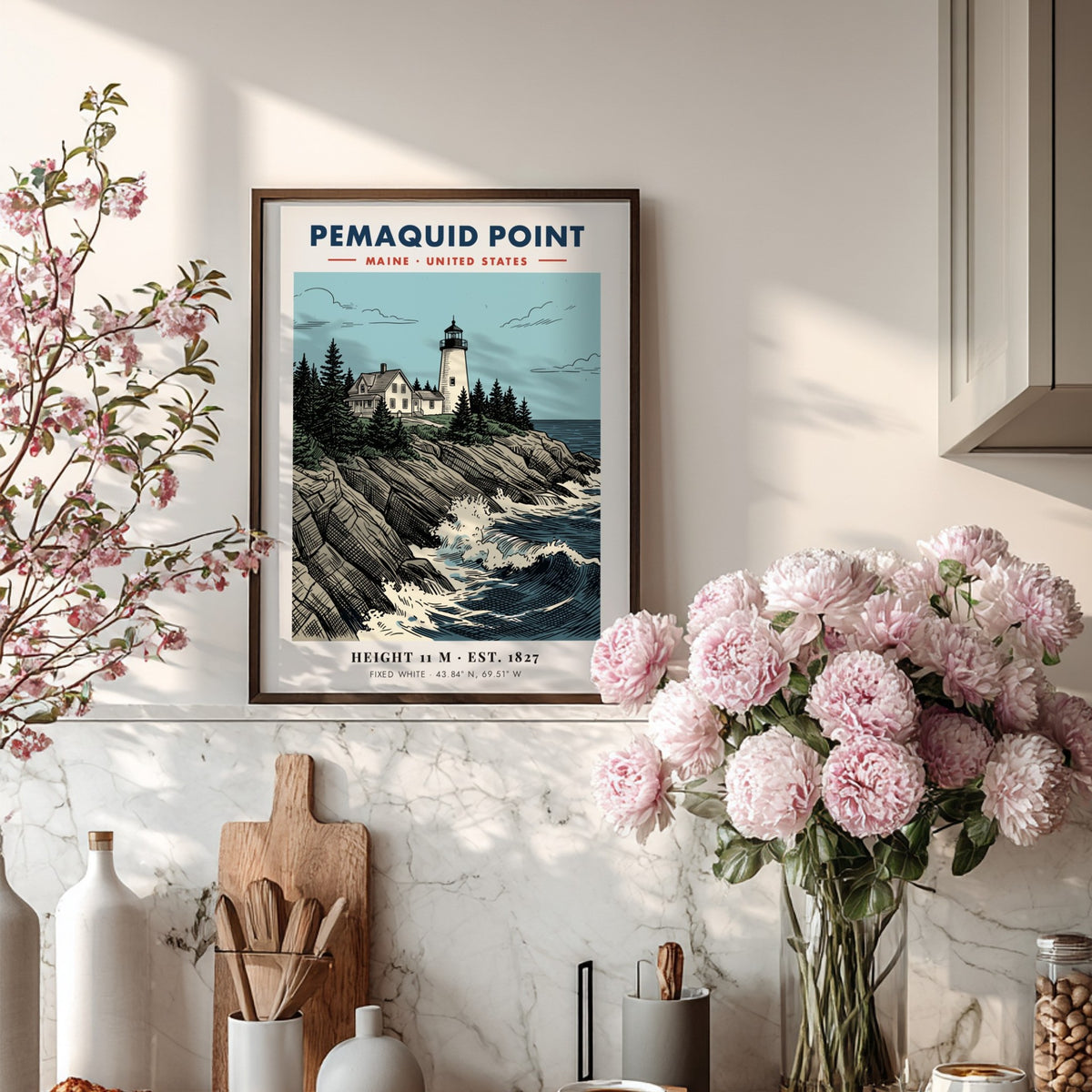 Poster of Pemaquid Point Maine lighthouse atop rocky cliffs with churning blue ocean waves