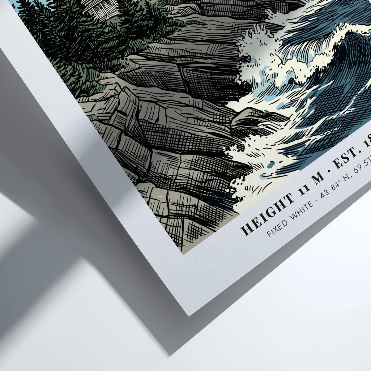 Poster of Pemaquid Point Maine lighthouse atop rocky cliffs with churning blue ocean waves