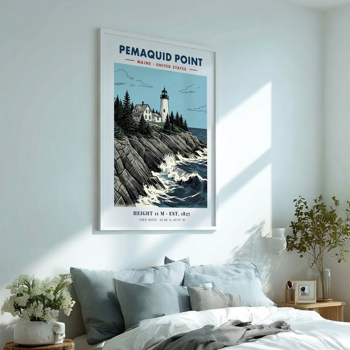Poster of Pemaquid Point Maine lighthouse atop rocky cliffs with churning blue ocean waves