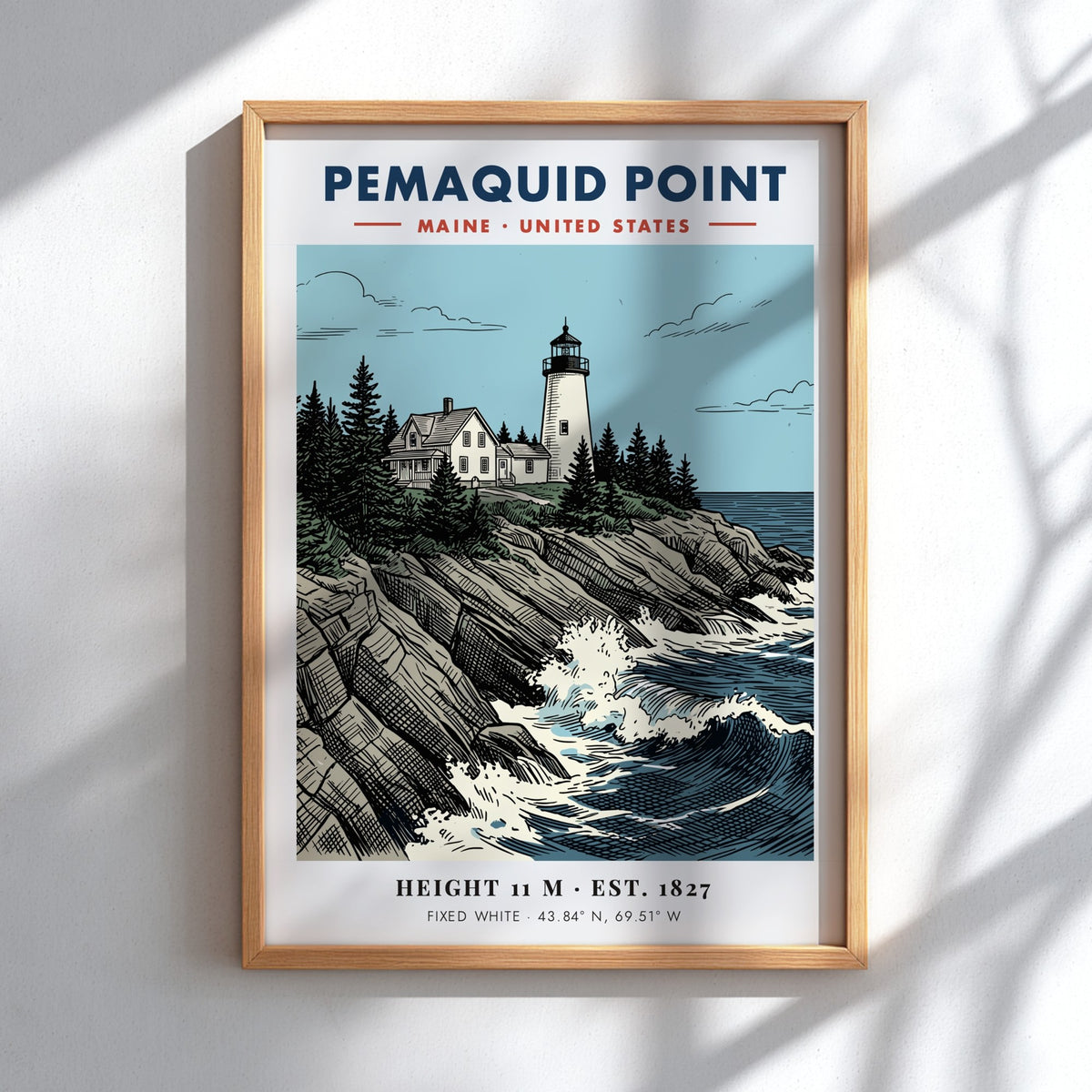 Poster of Pemaquid Point Maine lighthouse atop rocky cliffs with churning blue ocean waves