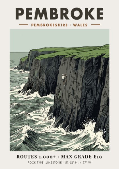 Poster featuring a rock climber on the limestone cliffs of the Pembroke coastline