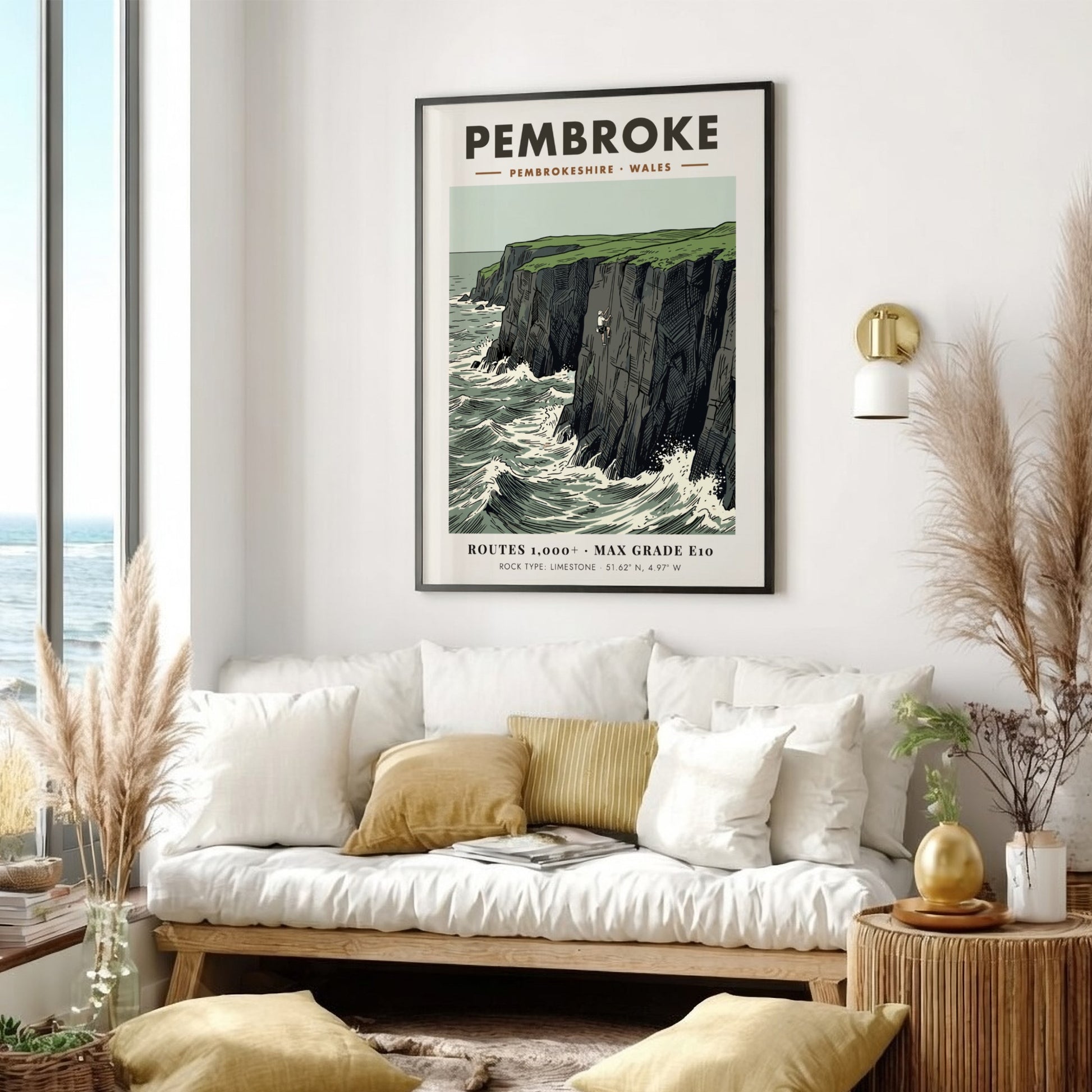 Poster featuring a rock climber on the limestone cliffs of the Pembroke coastline