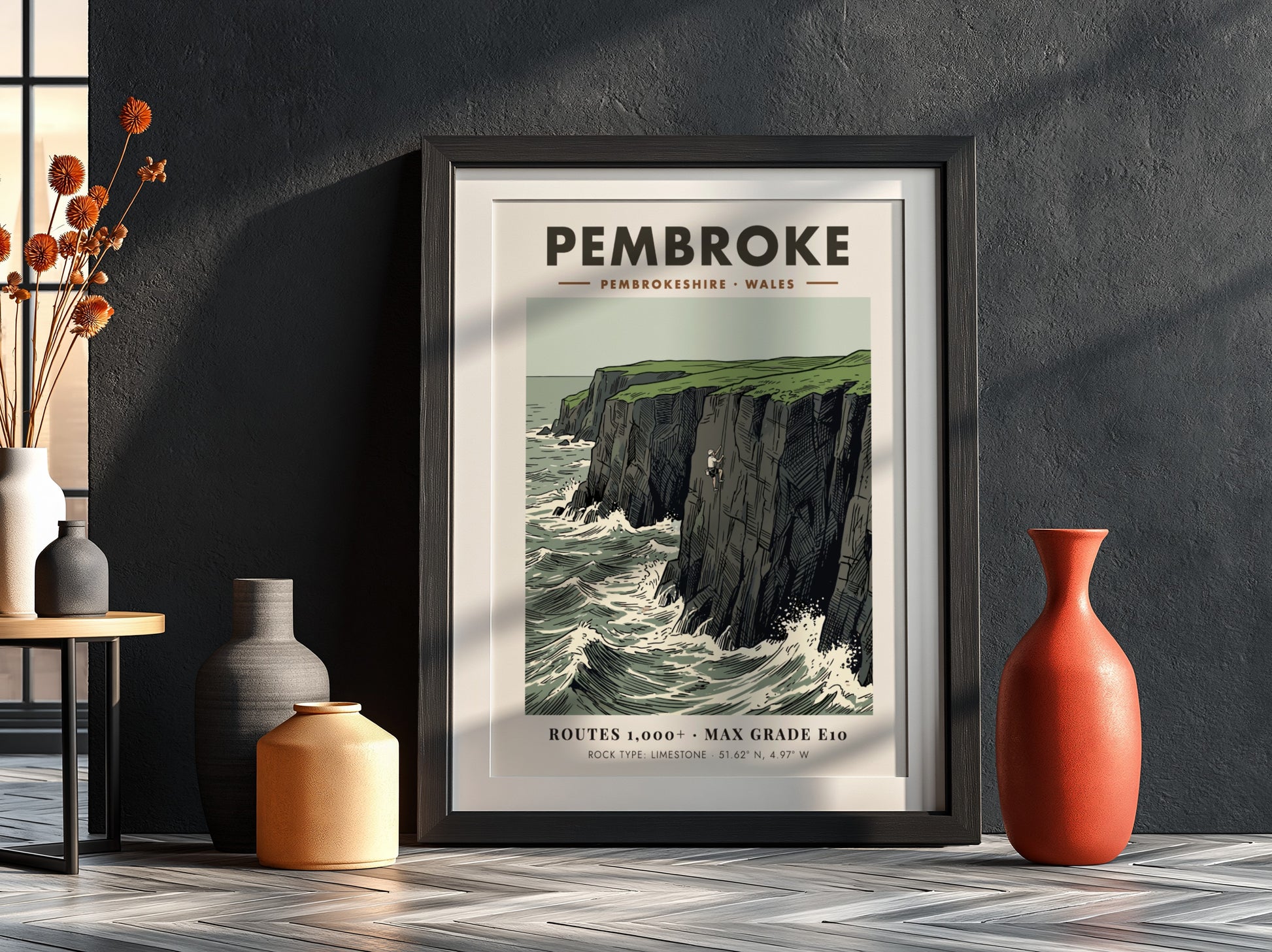 Poster featuring a rock climber on the limestone cliffs of the Pembroke coastline