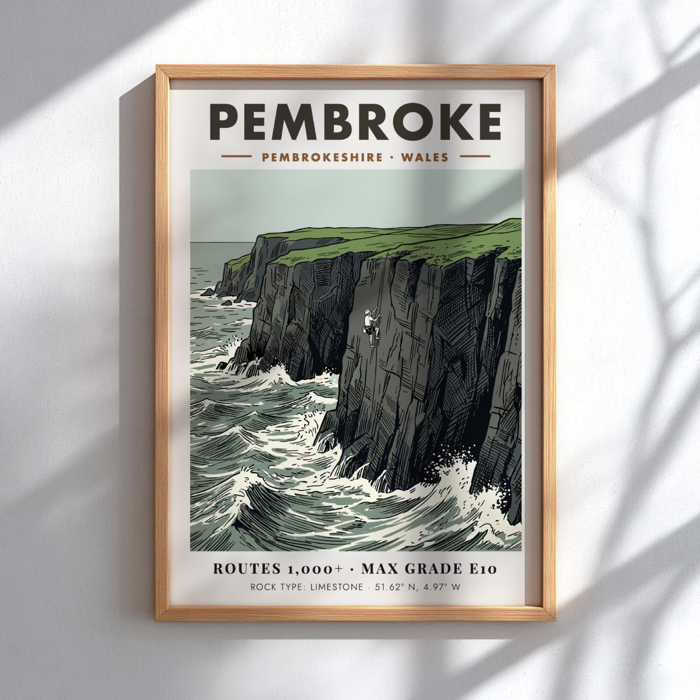 Poster featuring a rock climber on the limestone cliffs of the Pembroke coastline