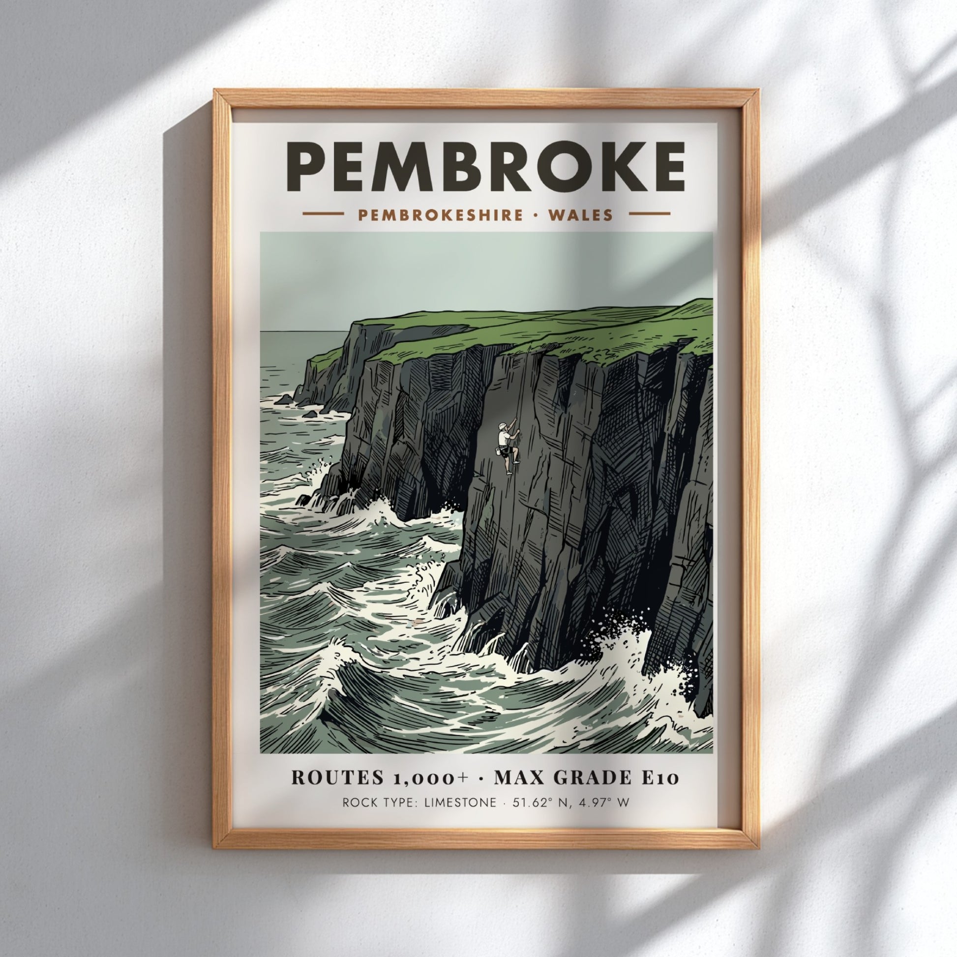 Poster featuring a rock climber on the limestone cliffs of the Pembroke coastline