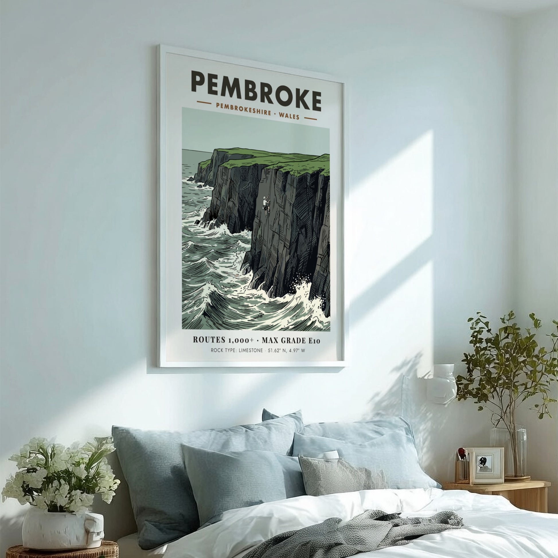 Poster featuring a rock climber on the limestone cliffs of the Pembroke coastline