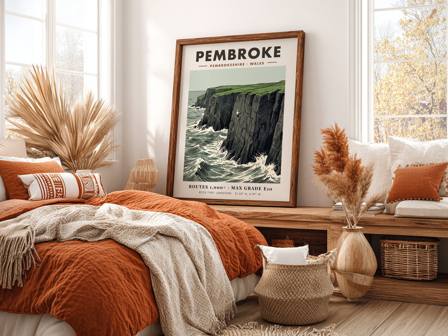 Poster featuring a rock climber on the limestone cliffs of the Pembroke coastline