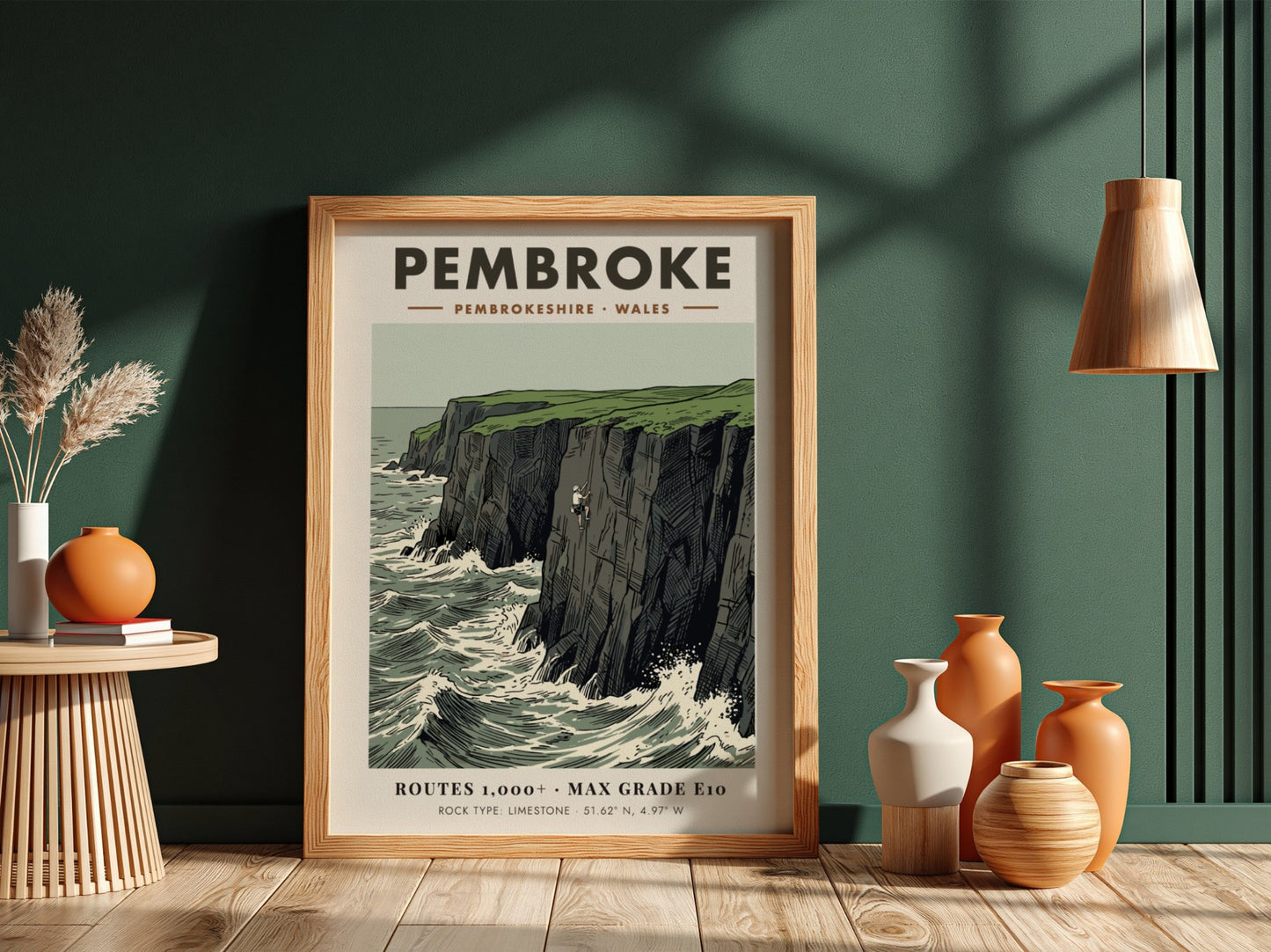 Poster featuring a rock climber on the limestone cliffs of the Pembroke coastline