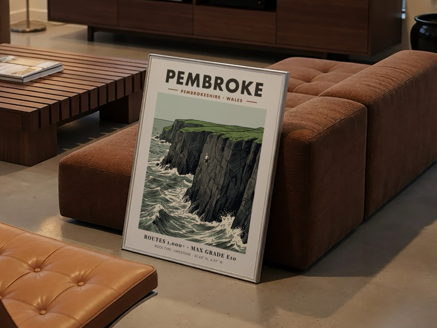 Poster featuring a rock climber on the limestone cliffs of the Pembroke coastline