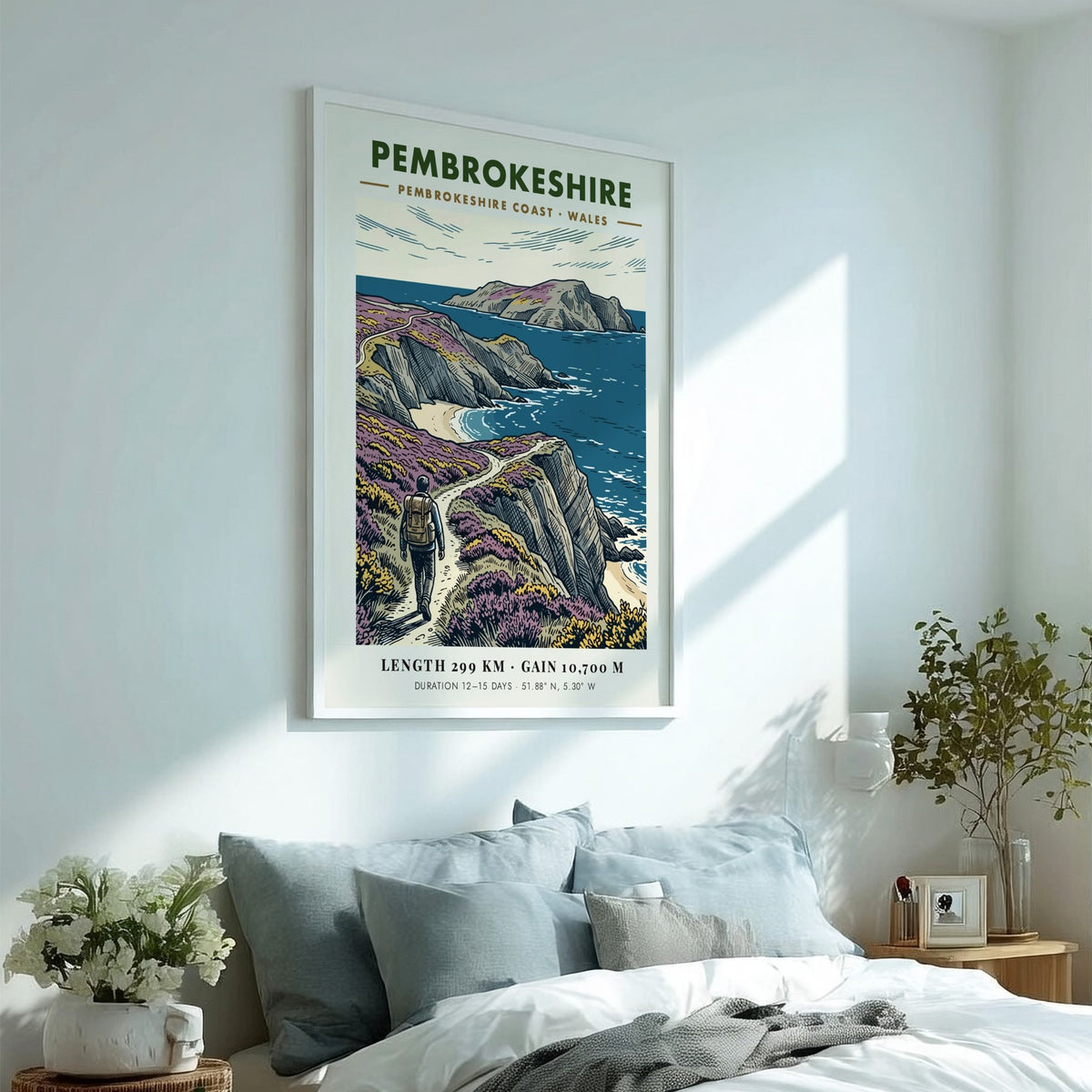 Poster of a hiker on the Pembrokeshire Coast trail with cliffs and sea.