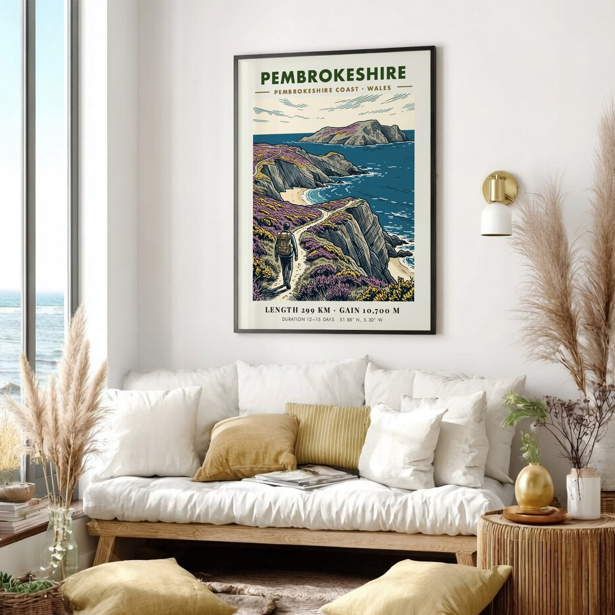 Poster of a hiker on the Pembrokeshire Coast trail with cliffs and sea.