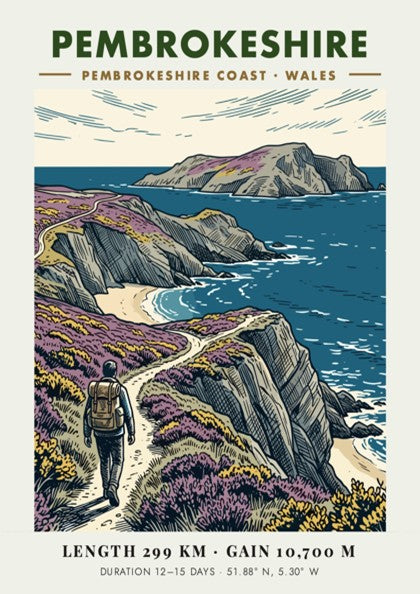 Poster of a hiker on the Pembrokeshire Coast trail with cliffs and sea.