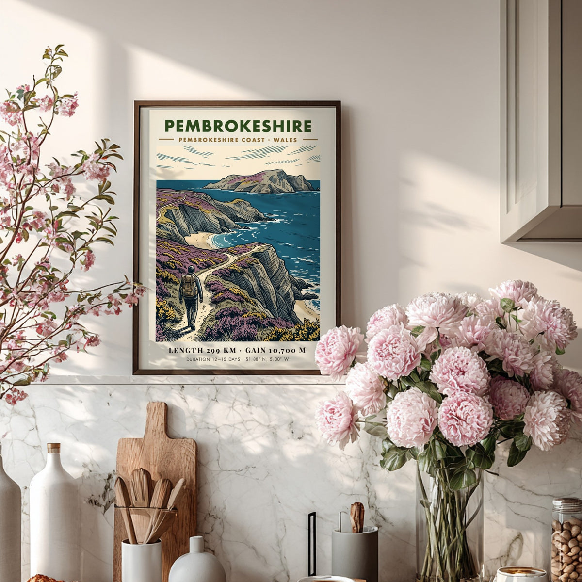 Poster of a hiker on the Pembrokeshire Coast trail with cliffs and sea.