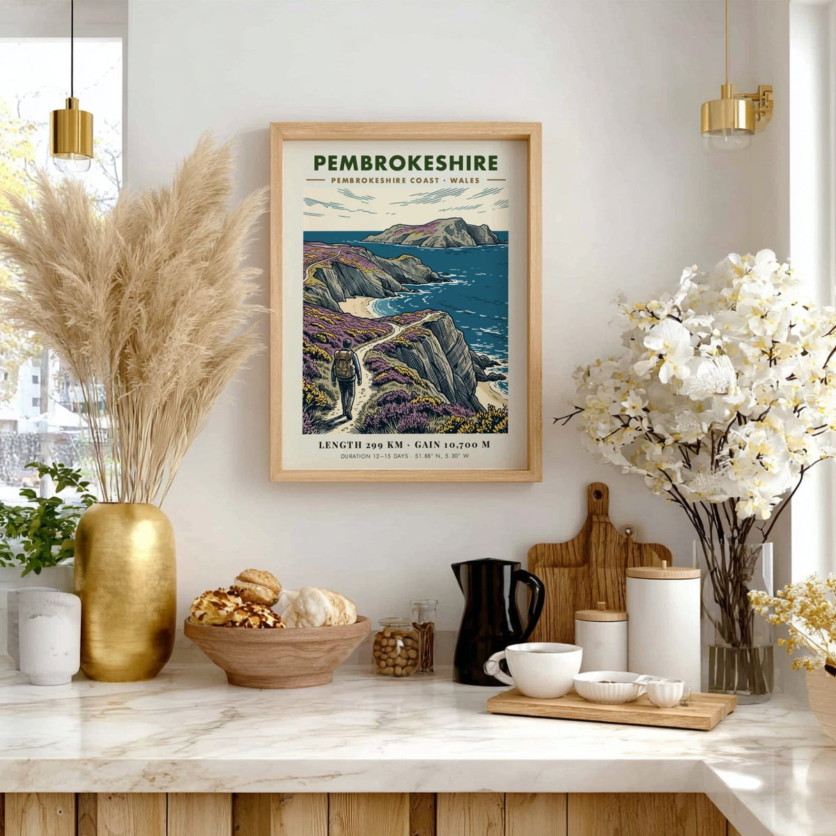 Poster of a hiker on the Pembrokeshire Coast trail with cliffs and sea.