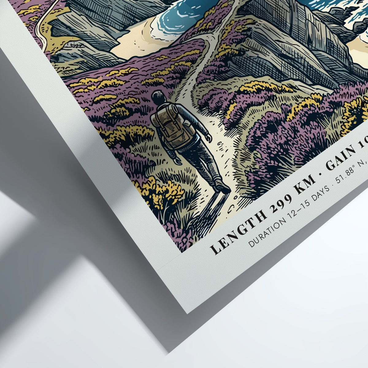 Poster of a hiker on the Pembrokeshire Coast trail with cliffs and sea.