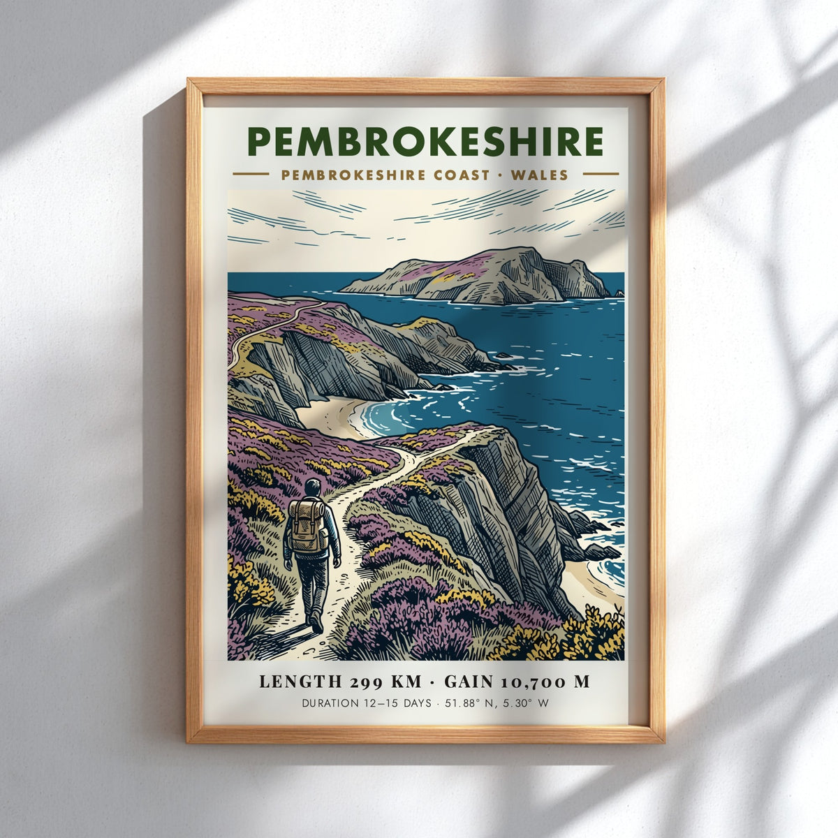 Poster of a hiker on the Pembrokeshire Coast trail with cliffs and sea.