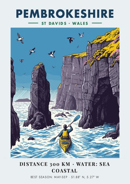 Poster featuring a kayaker paddling near tall Pembrokeshire sea cliffs with blue water.