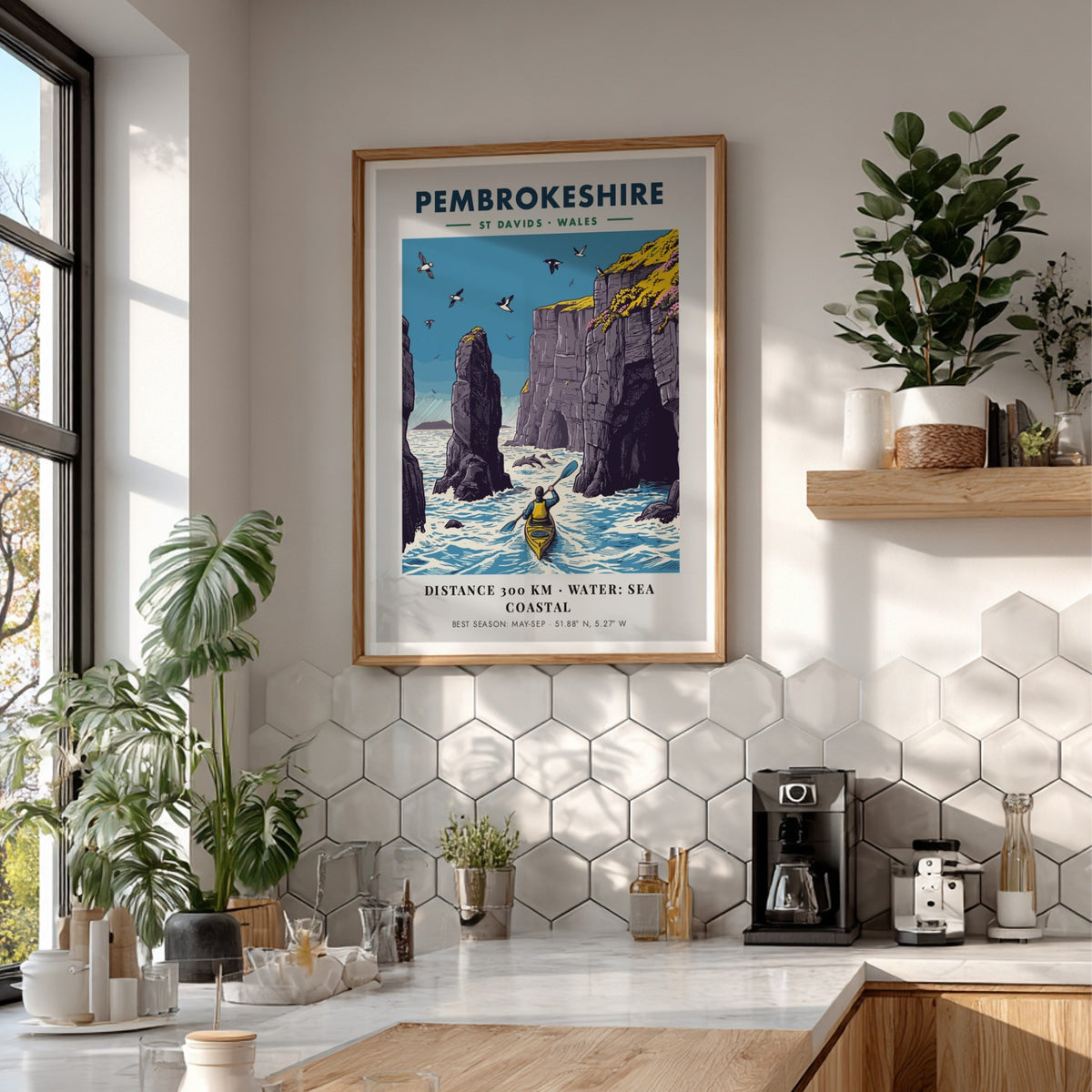 Poster featuring a kayaker paddling near tall Pembrokeshire sea cliffs with blue water.