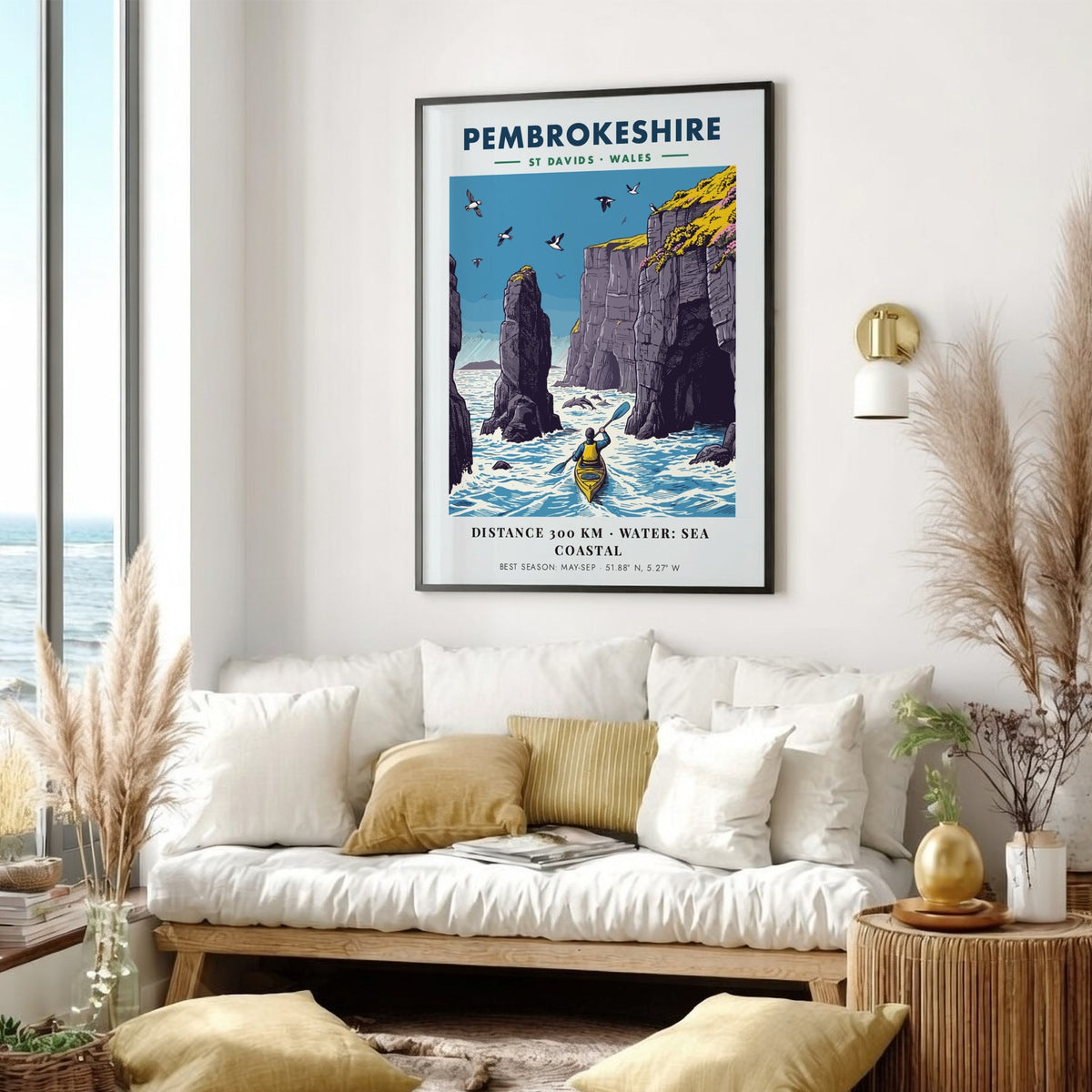 Poster featuring a kayaker paddling near tall Pembrokeshire sea cliffs with blue water.