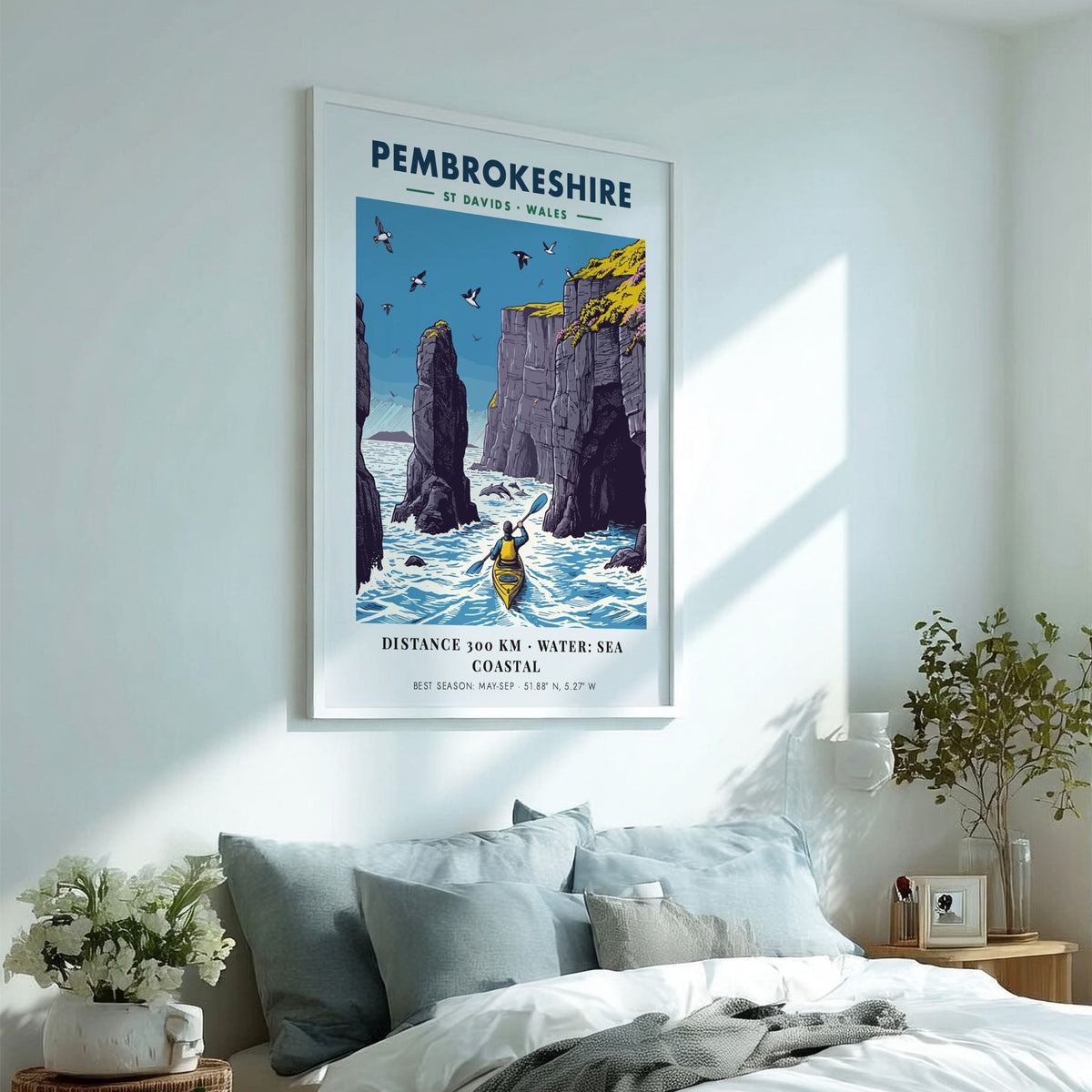 Poster featuring a kayaker paddling near tall Pembrokeshire sea cliffs with blue water.