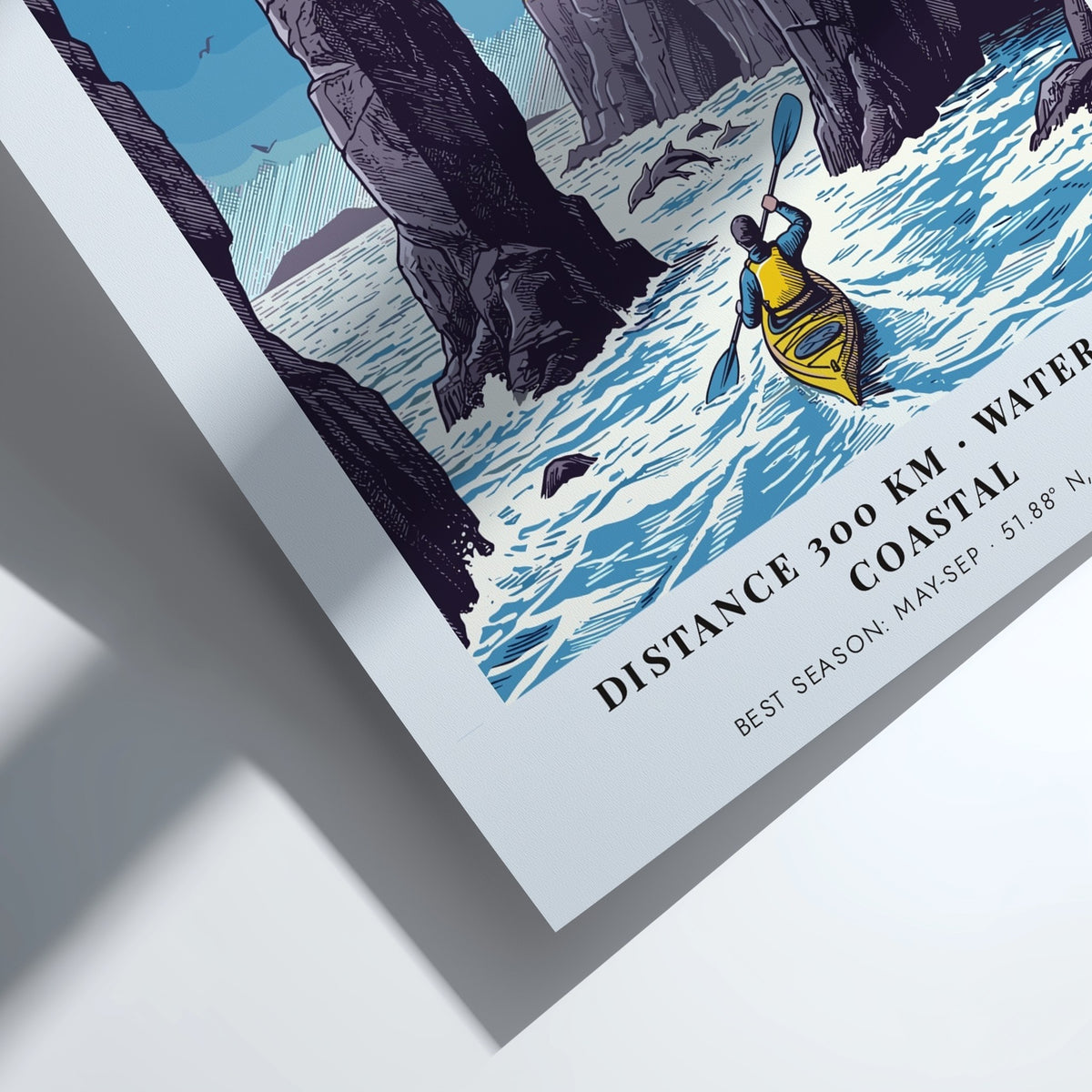 Poster featuring a kayaker paddling near tall Pembrokeshire sea cliffs with blue water.