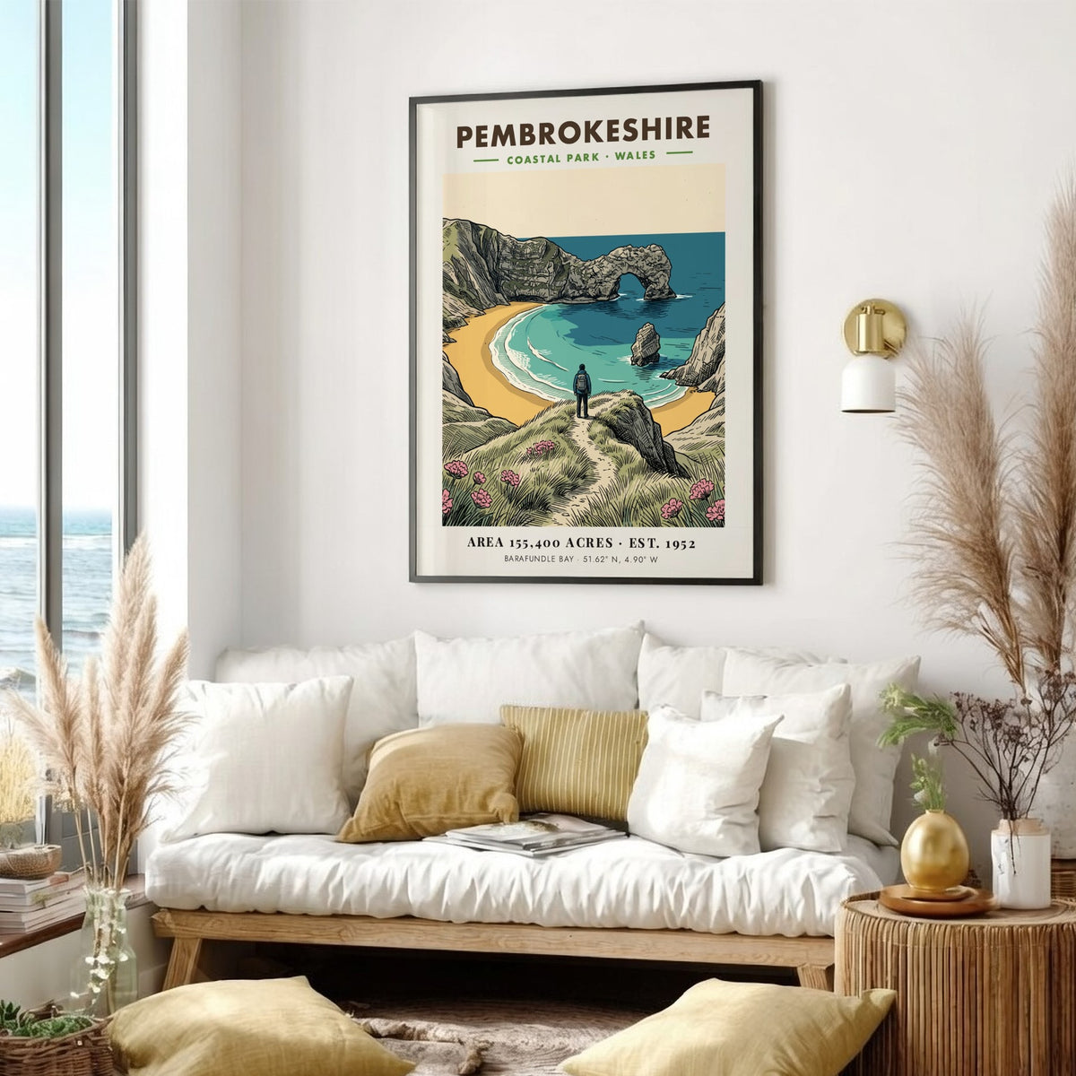 Poster of Pembrokeshire Coastal Park featuring Barafundle Bay with a hiker and arch.