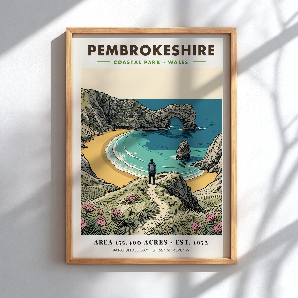 Poster of Pembrokeshire Coastal Park featuring Barafundle Bay with a hiker and arch.