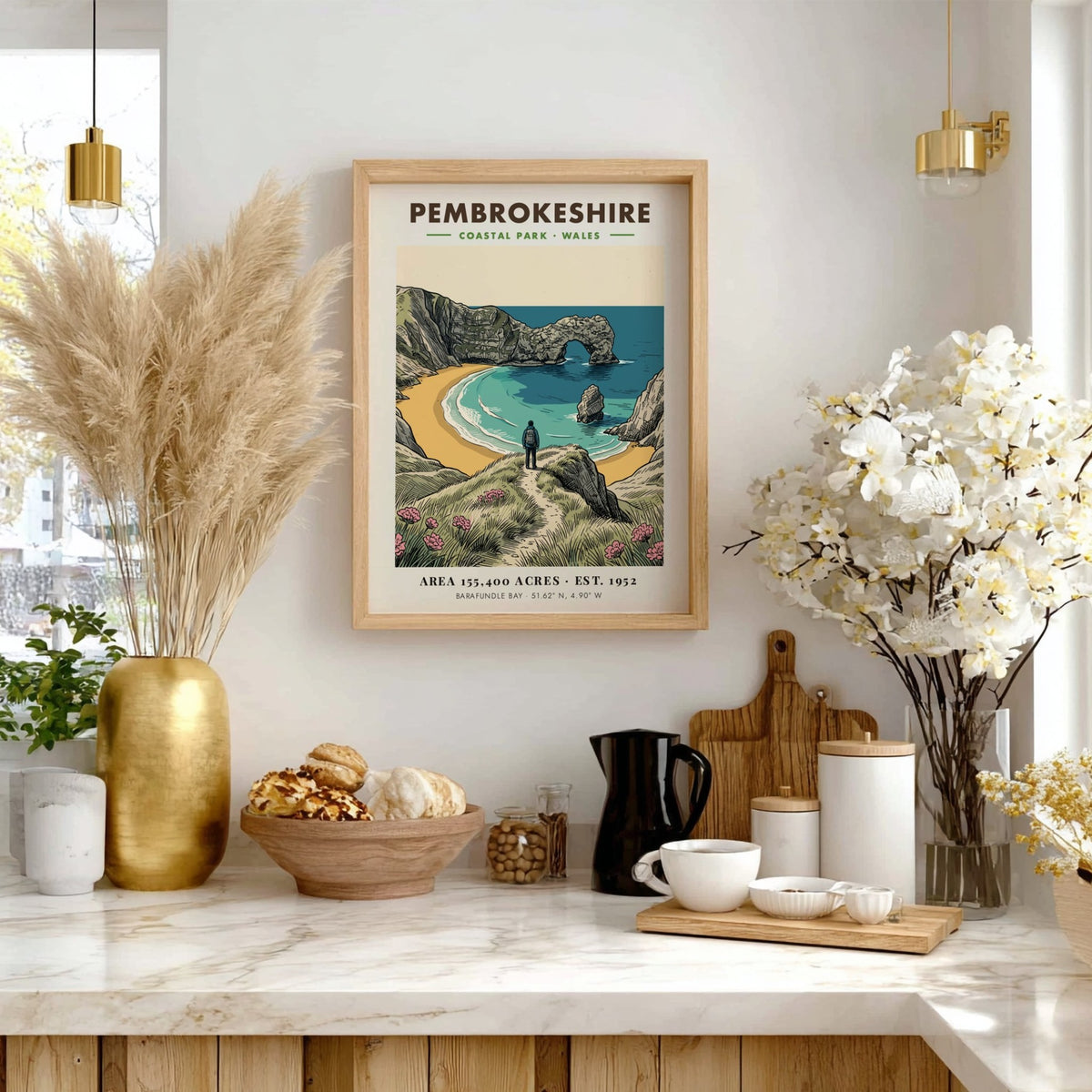 Poster of Pembrokeshire Coastal Park featuring Barafundle Bay with a hiker and arch.