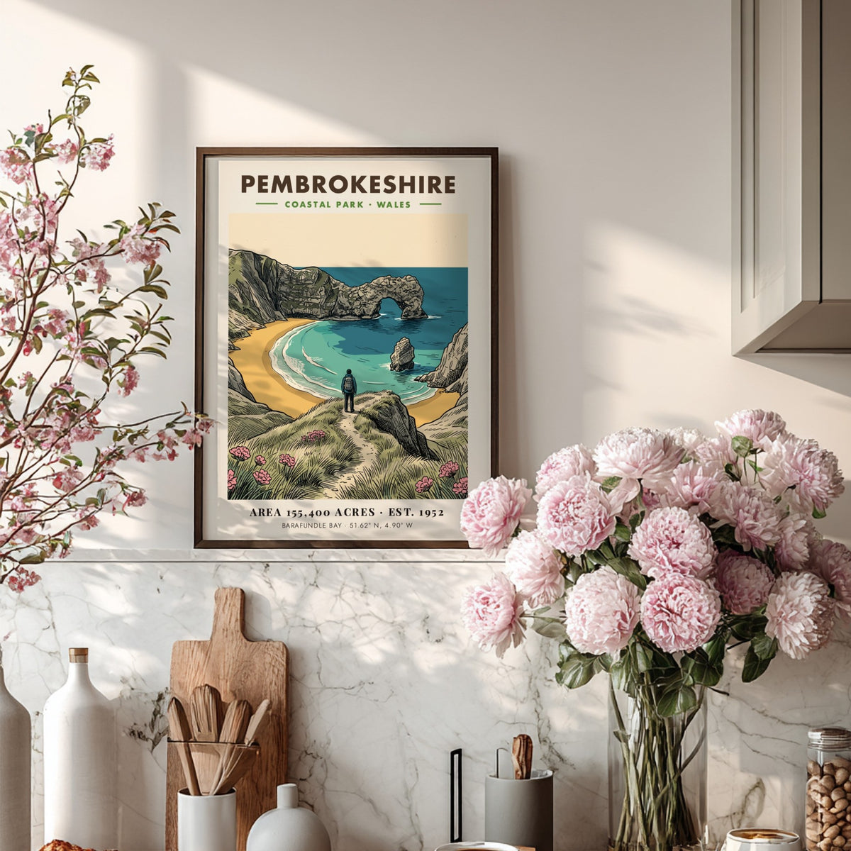 Poster of Pembrokeshire Coastal Park featuring Barafundle Bay with a hiker and arch.