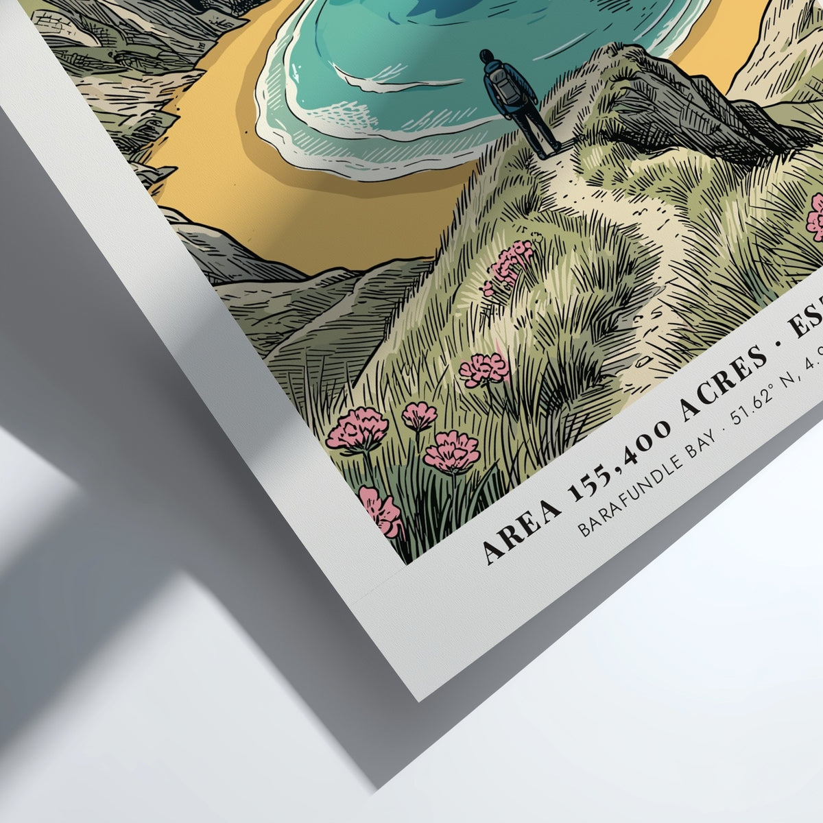 Poster of Pembrokeshire Coastal Park featuring Barafundle Bay with a hiker and arch.
