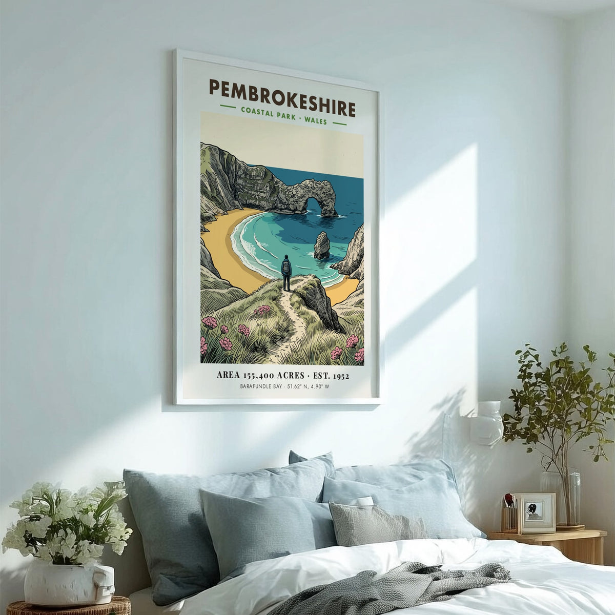 Poster of Pembrokeshire Coastal Park featuring Barafundle Bay with a hiker and arch.