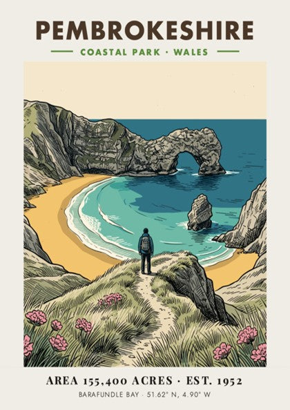 Poster of Pembrokeshire Coastal Park featuring Barafundle Bay with a hiker and arch.