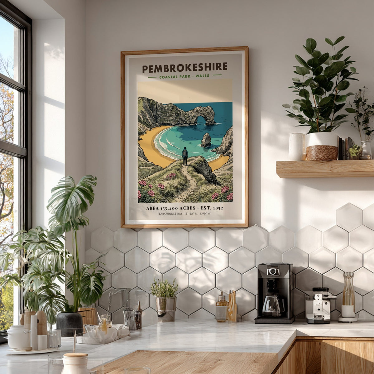 Poster of Pembrokeshire Coastal Park featuring Barafundle Bay with a hiker and arch.