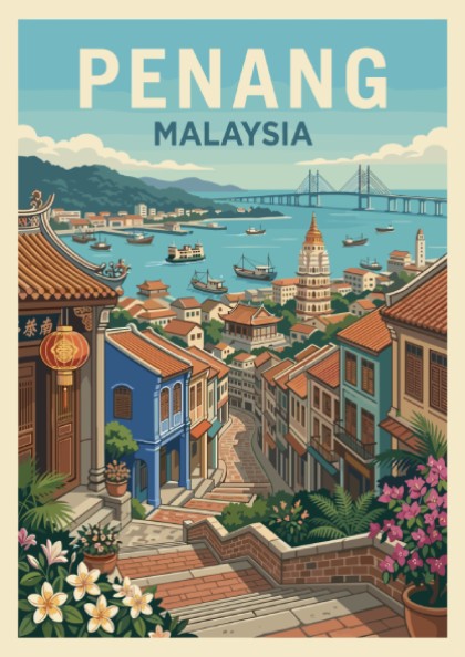 Vintage travel poster of Penang, Malaysia, showcasing a harbor scene with boats and colorful buildings.