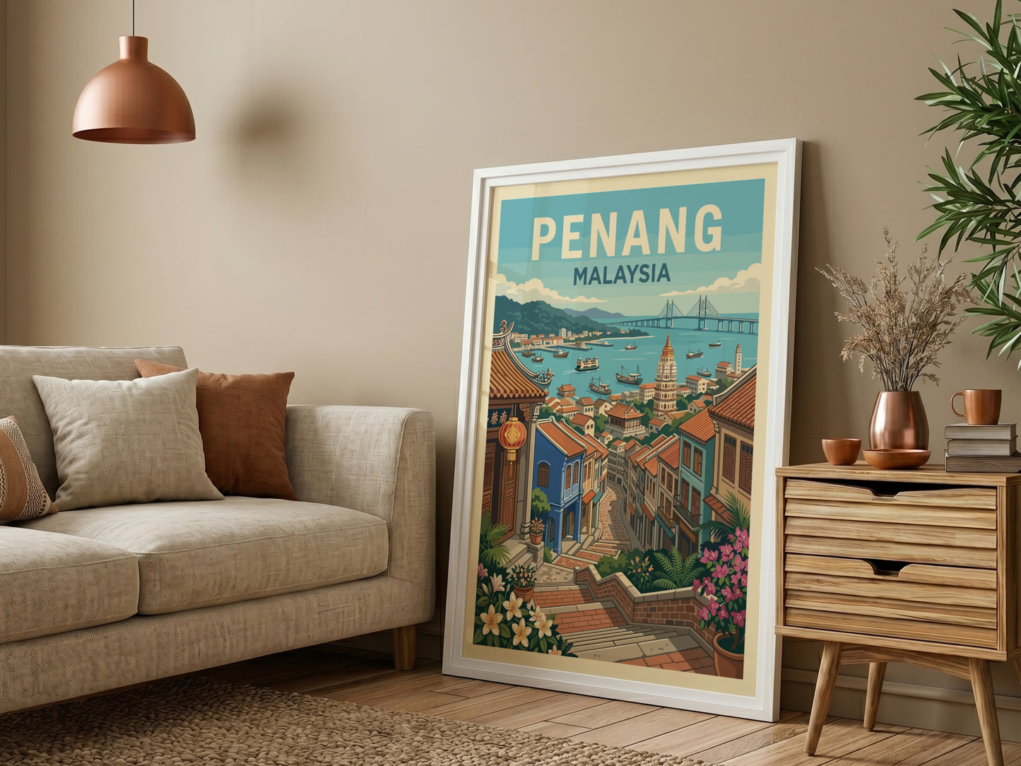 Vintage travel poster of Penang, Malaysia, showcasing a harbor scene with boats and colorful buildings.