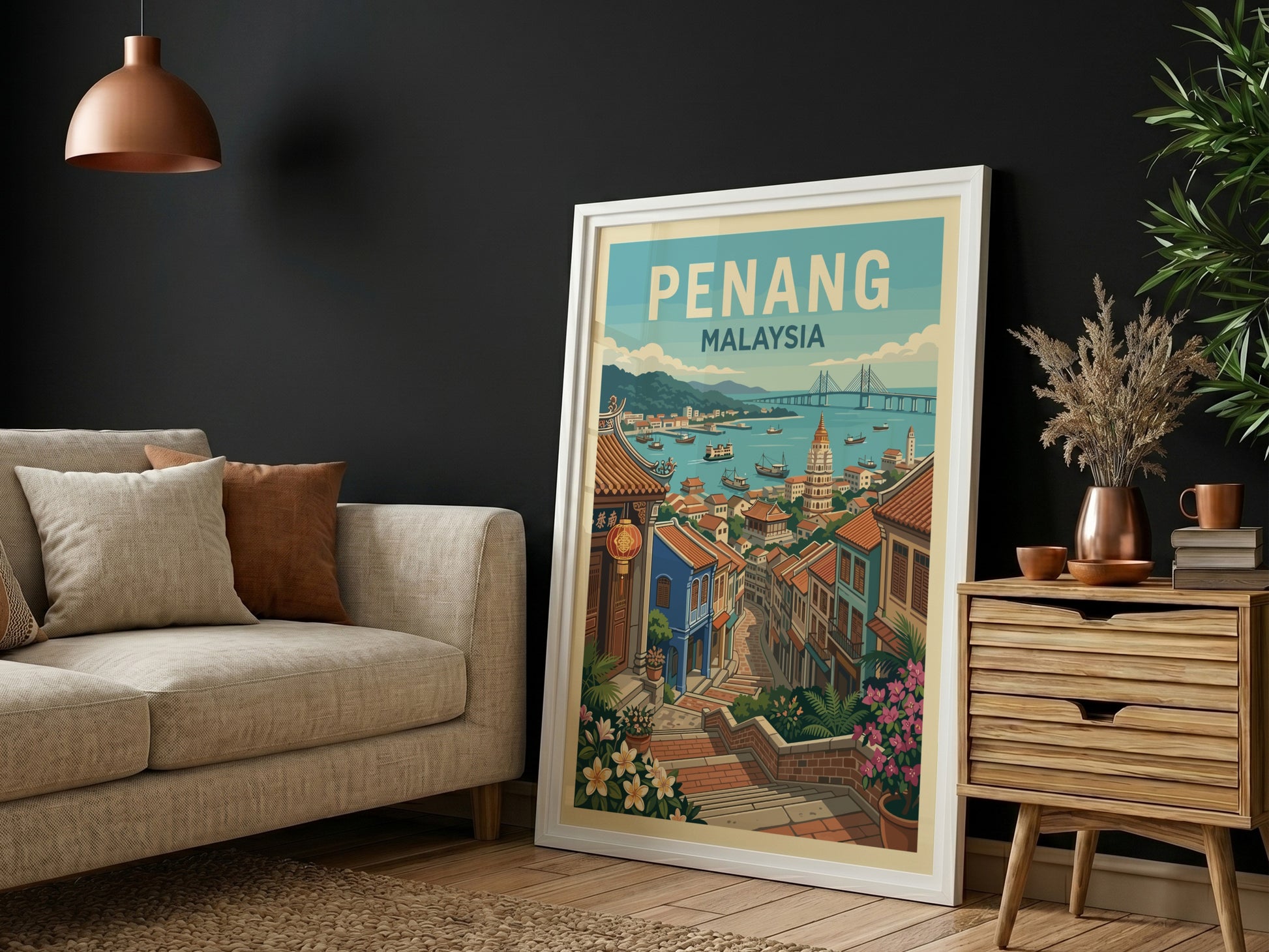 Vintage travel poster of Penang, Malaysia, showcasing a harbor scene with boats and colorful buildings.