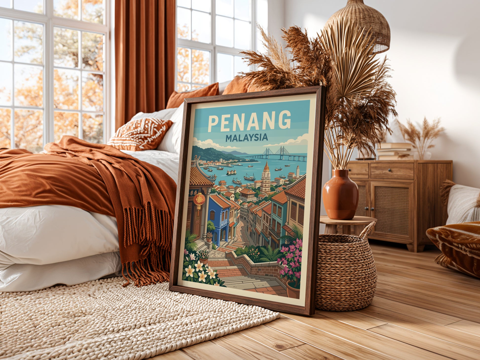 Vintage travel poster of Penang, Malaysia, showcasing a harbor scene with boats and colorful buildings.