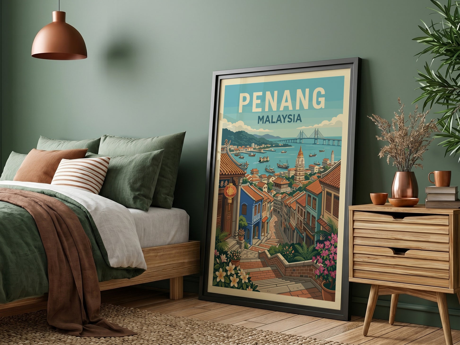 Vintage travel poster of Penang, Malaysia, showcasing a harbor scene with boats and colorful buildings.