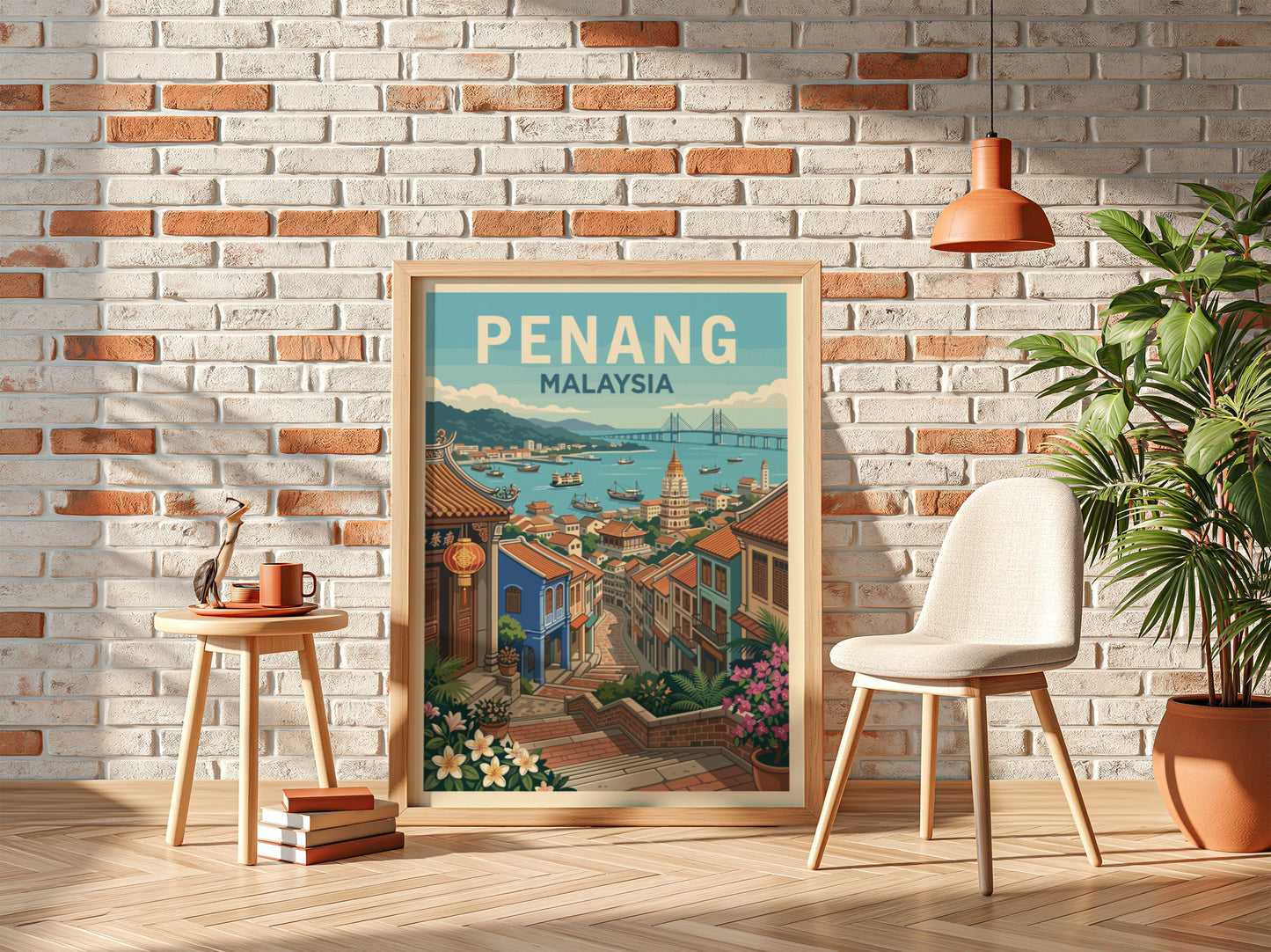 Vintage travel poster of Penang, Malaysia, showcasing a harbor scene with boats and colorful buildings.