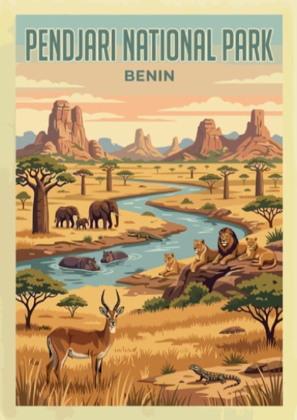 Pendjari National Park poster featuring wildlife, vibrant colors, and a natural landscape