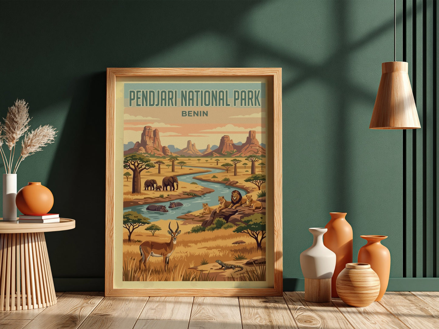Pendjari National Park poster featuring wildlife, vibrant colors, and a natural landscape