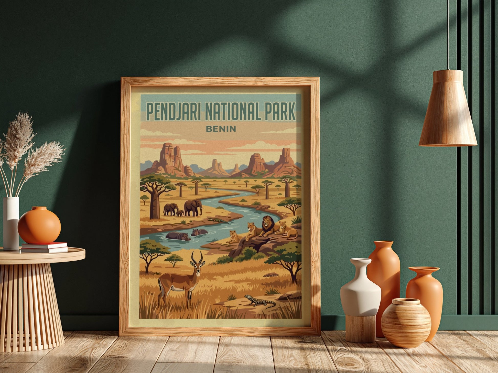 Pendjari National Park poster featuring wildlife, vibrant colors, and a natural landscape