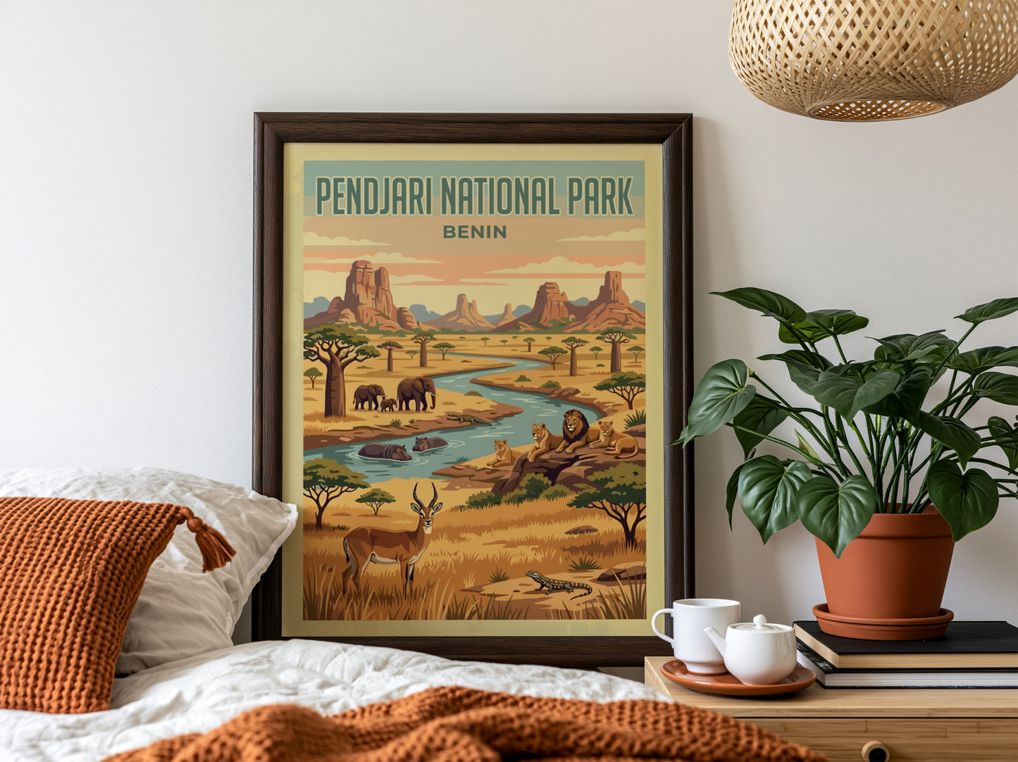 Pendjari National Park poster featuring wildlife, vibrant colors, and a natural landscape