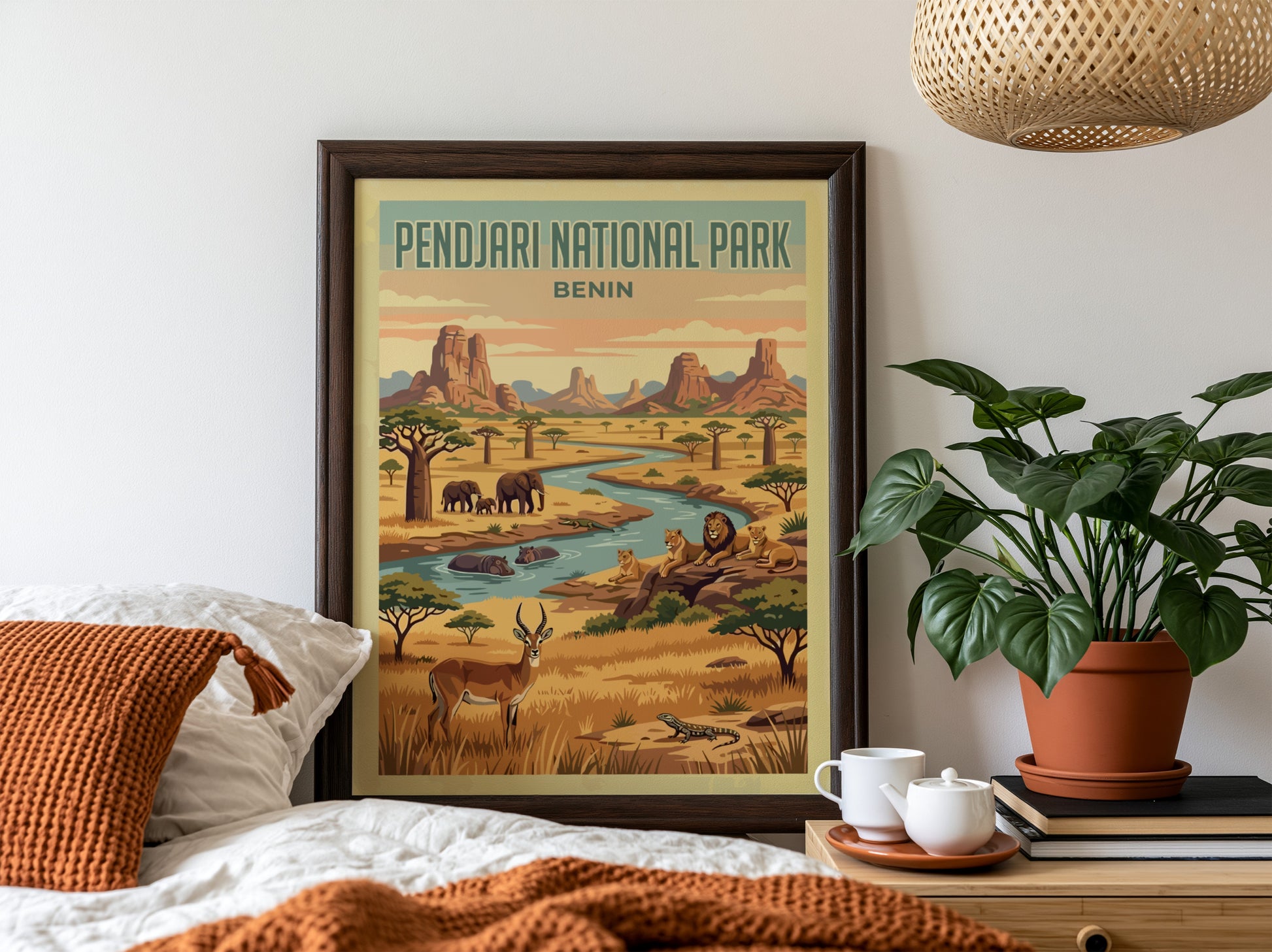 Pendjari National Park poster featuring wildlife, vibrant colors, and a natural landscape