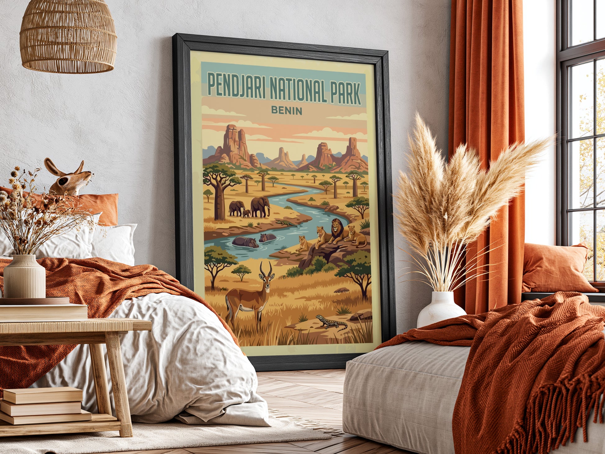 Pendjari National Park poster featuring wildlife, vibrant colors, and a natural landscape