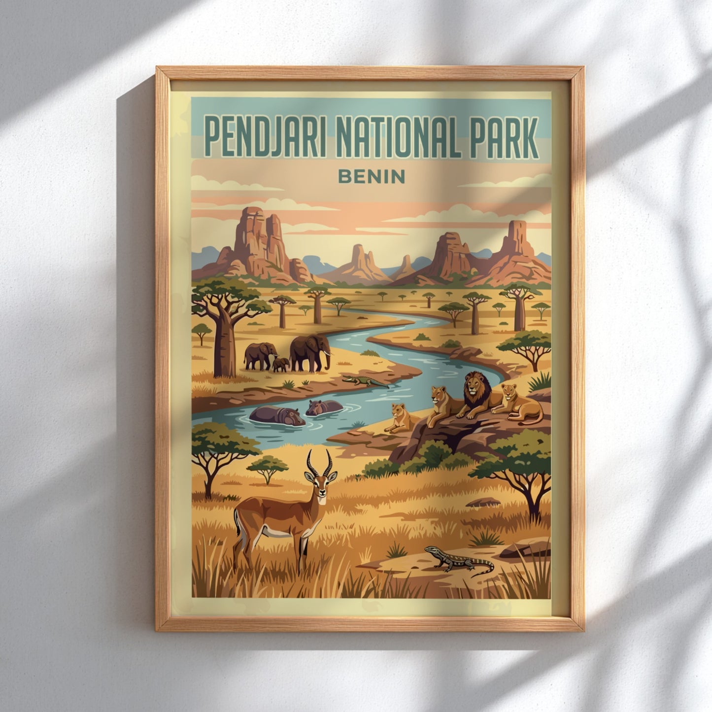 Pendjari National Park poster featuring wildlife, vibrant colors, and a natural landscape
