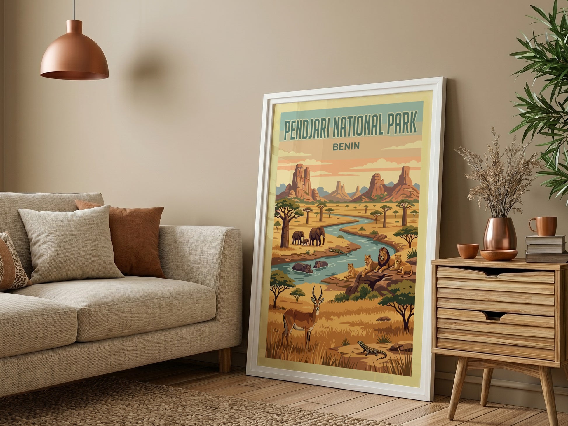 Pendjari National Park poster featuring wildlife, vibrant colors, and a natural landscape