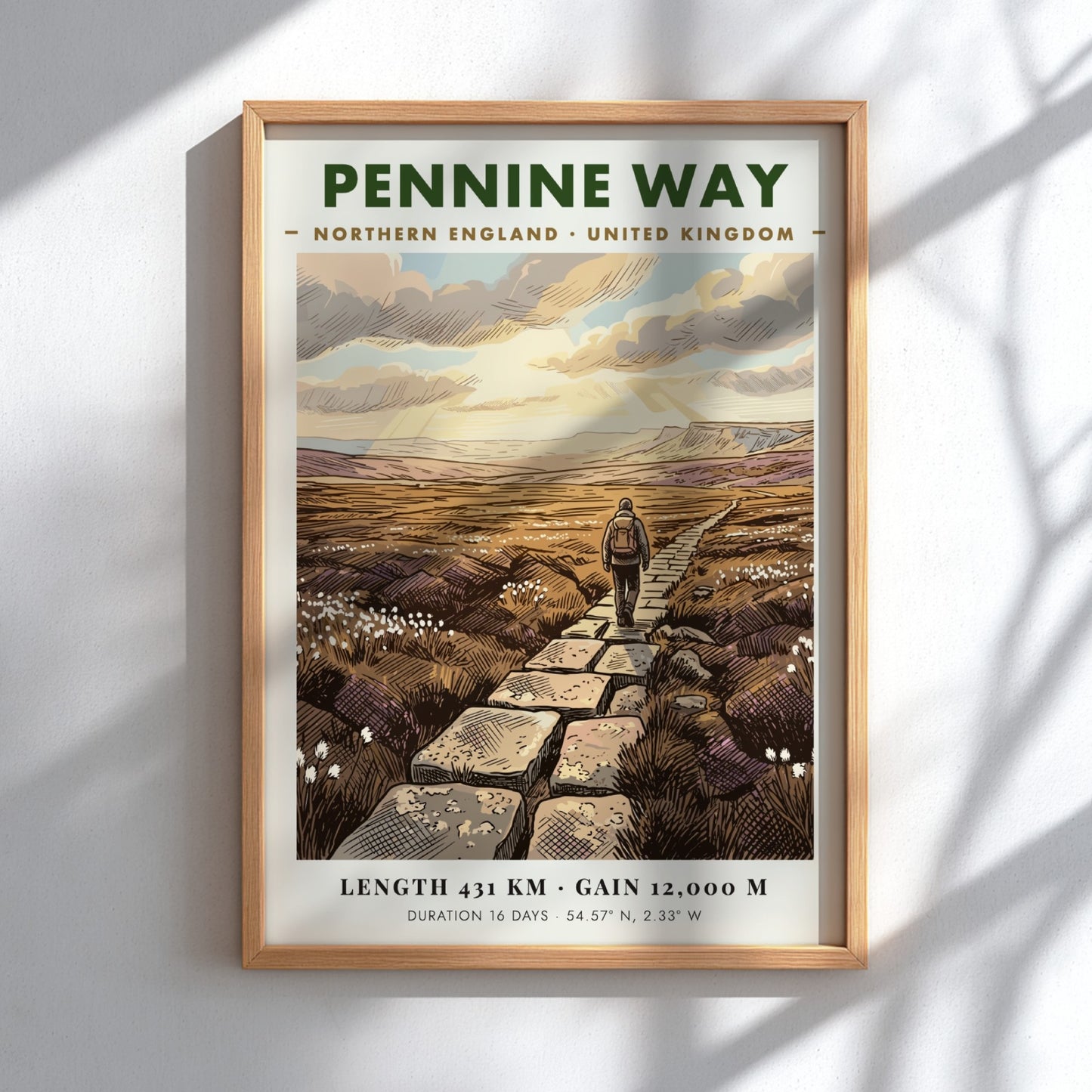 Poster featuring a hiker on the Pennine Way in Northern England with stone path.